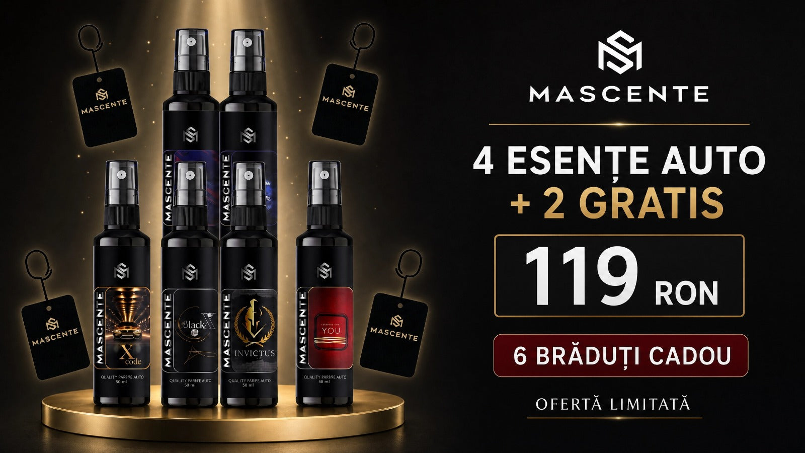 Pachet 4 Parfumuri Auto + 2 Parfumuri Auto GRATIS + 6 Brăduți pentru pulverizat GRATIS