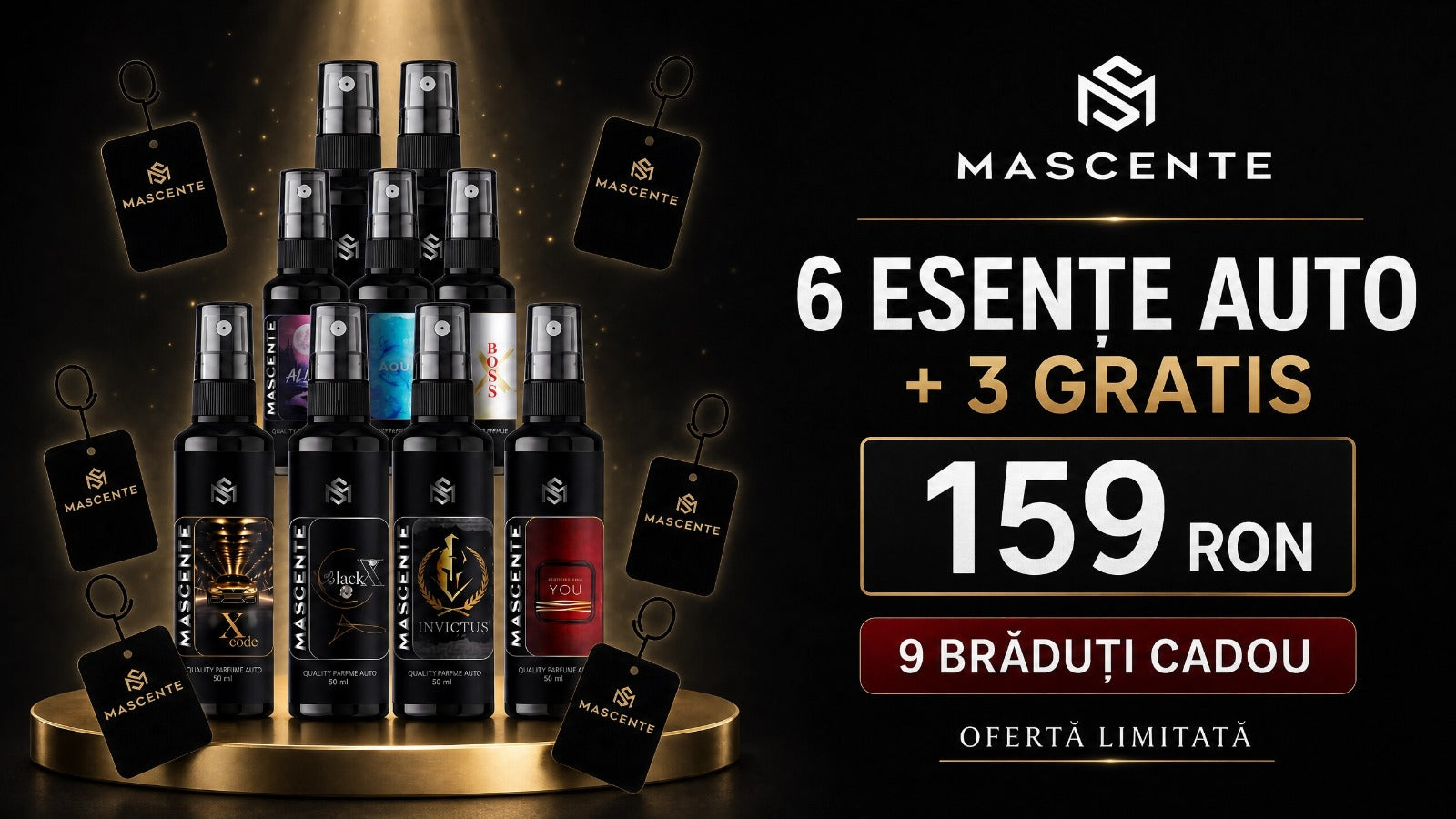 Pachet 6 Parfumuri Auto + 3 Parfumuri Auto GRATIS + 9 Brăduți pentru pulverizat GRATIS
