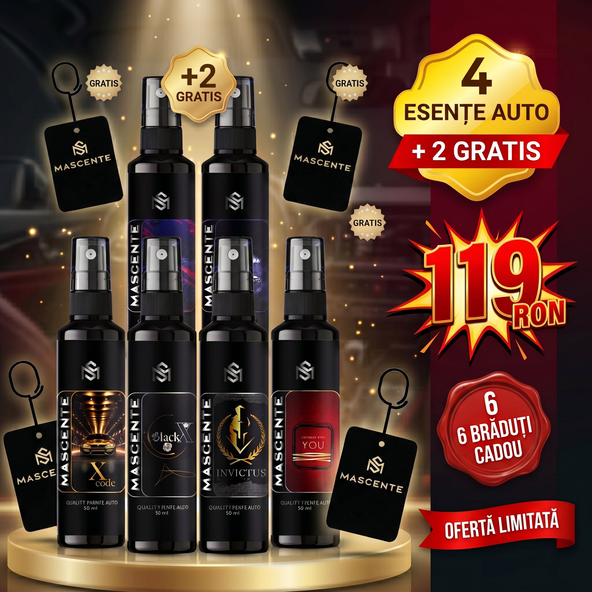 Pachet 4 Parfumuri Auto + 2 Parfumuri Auto GRATIS + 6 Brăduți pentru pulverizat GRATIS