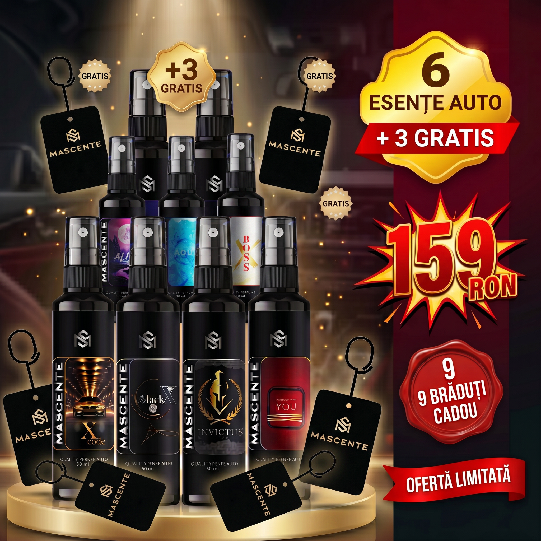 Pachet 6 Parfumuri Auto + 3 Parfumuri Auto GRATIS + 9 Brăduți pentru pulverizat GRATIS